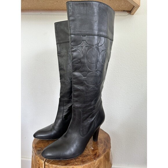 COACH Millie Monogram Leather Knee High Heel Boots, EUC - Picture 1 of 9